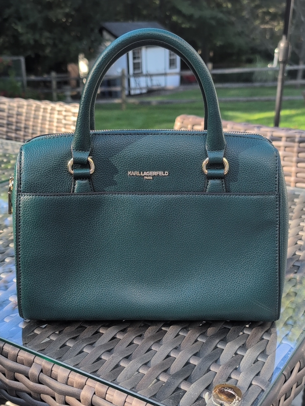 Karl Lagerfeld Green Pebbled Leather Satchel with Gold Hardware